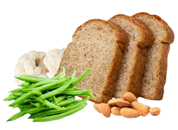 Assortment of high-fiber foods, featuring slices of whole grain bread, green beans, cauliflower, and almonds, representing a balanced selection of plant-based sources rich in fiber.