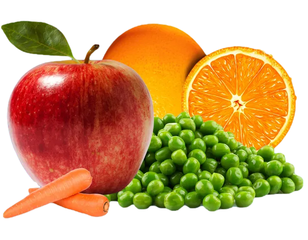 Colorful display of high-fiber fruits and vegetables, including a red apple, an orange, peas, and carrots, showcasing a healthy and nutritious range of options for boosting dietary fiber intake.